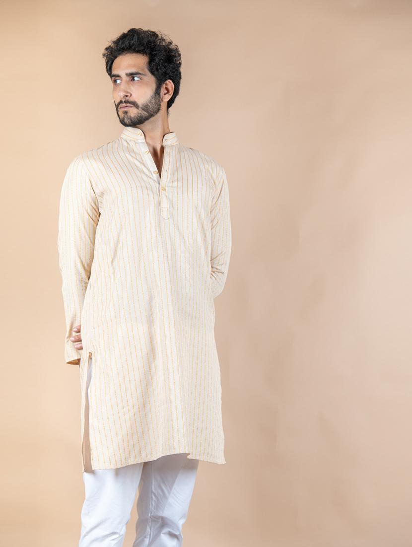 men beige striped long kurta - 20561998 - Standard Image - 2