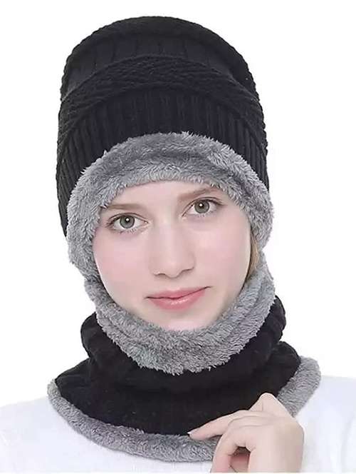 Women Grey & Black Adjustable Wool Cap
