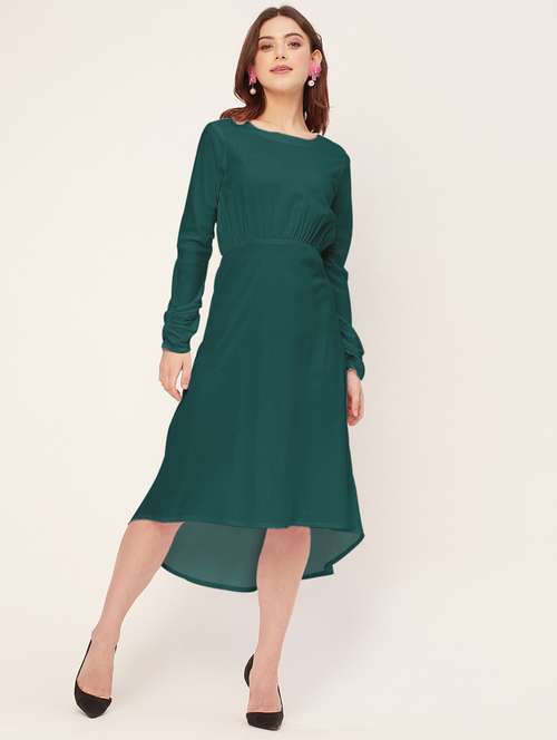 women solid detailed sleeves high low dress - 20563043 - Standard Image - 0
