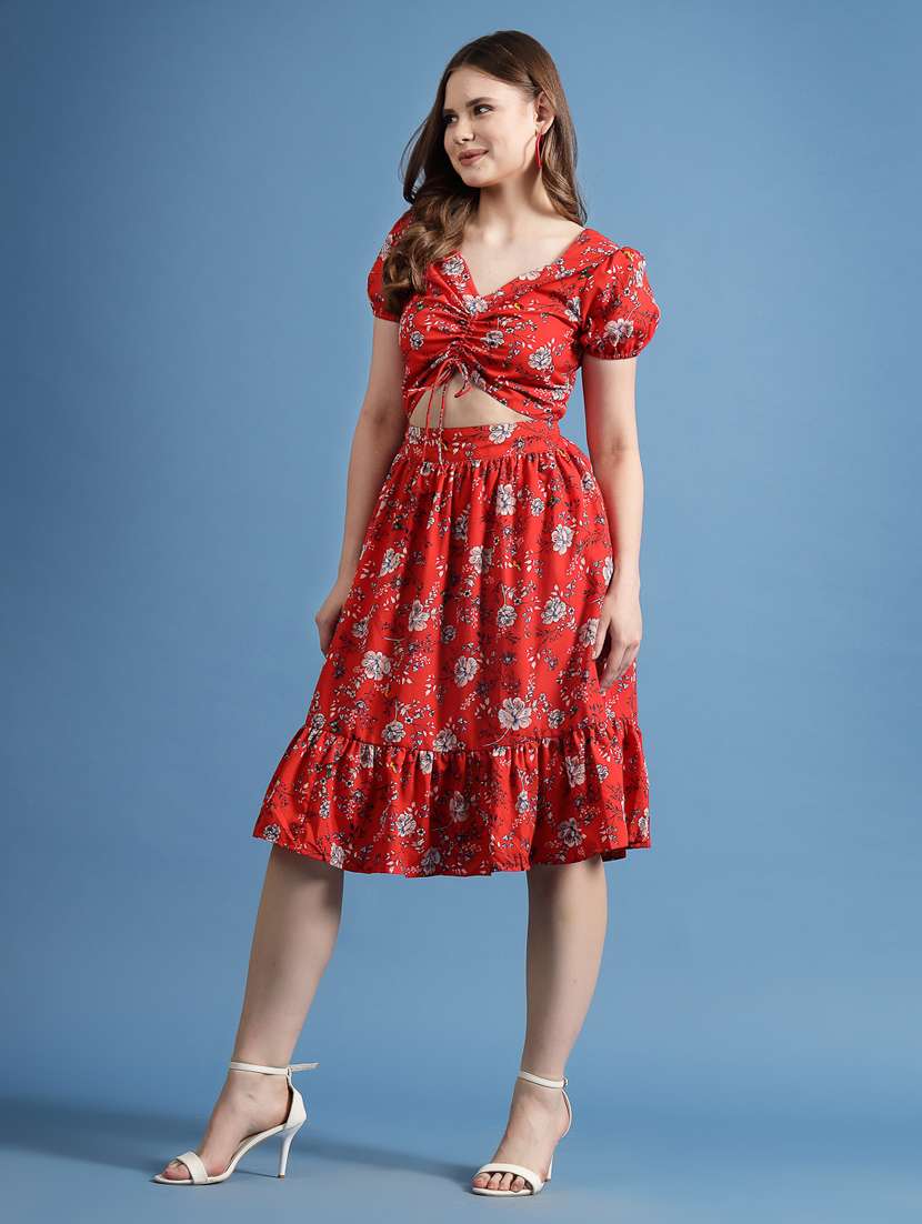 red polyester fit & flare dress