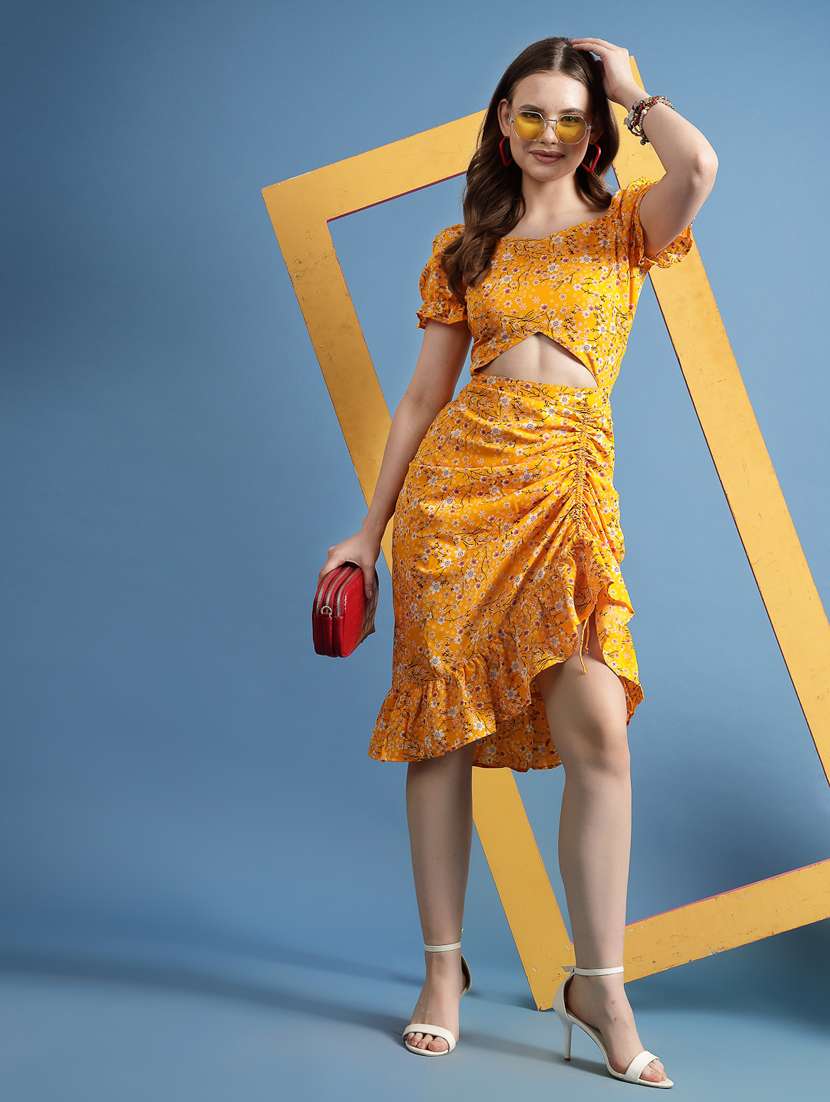 women floral printed ruffle detailed ruched  dress