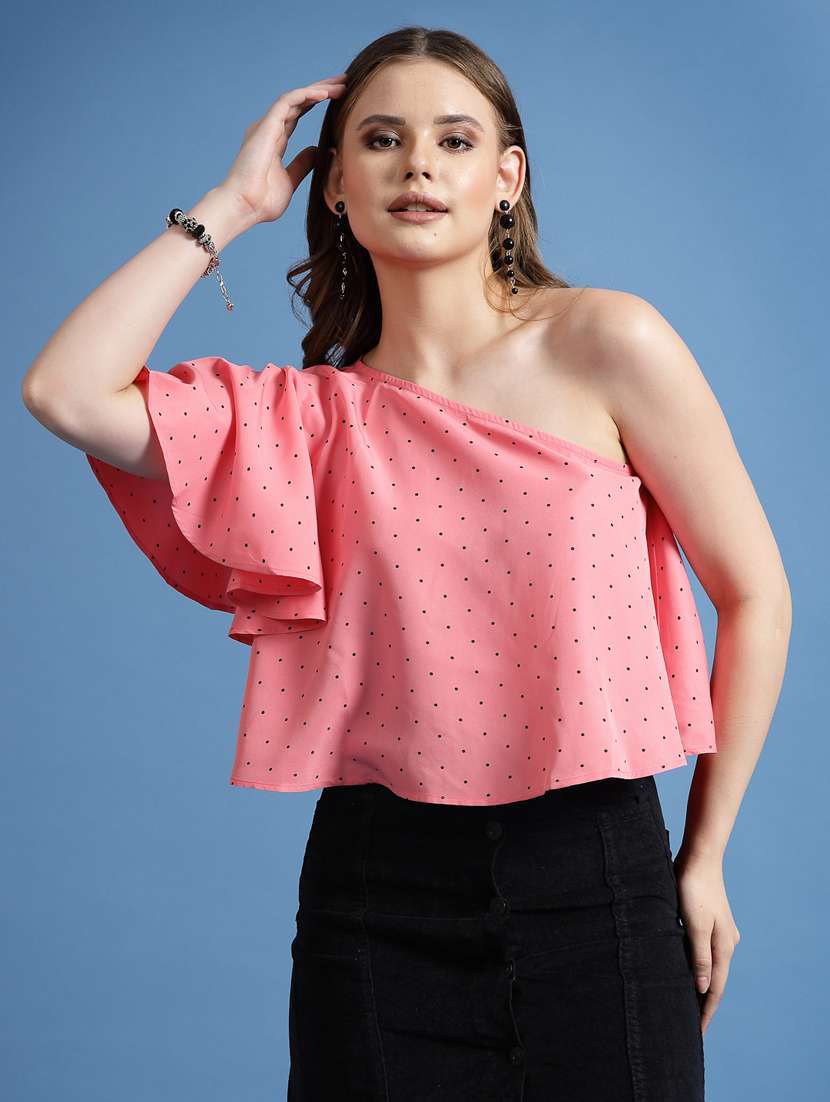 women pink polka dot one-shoulder top