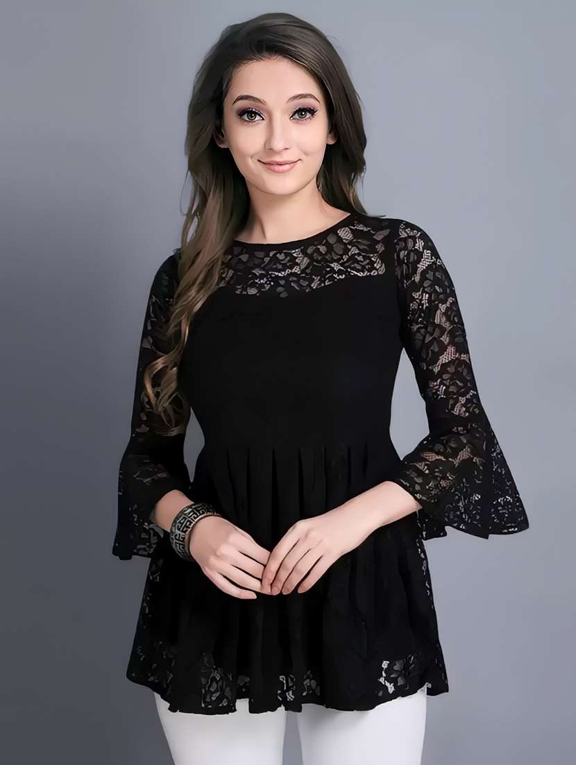 women solid bell sleeve flared tunic