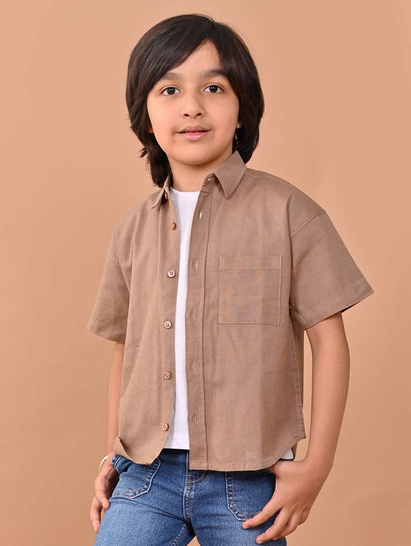 boys solid brown buttoned casual shirt
