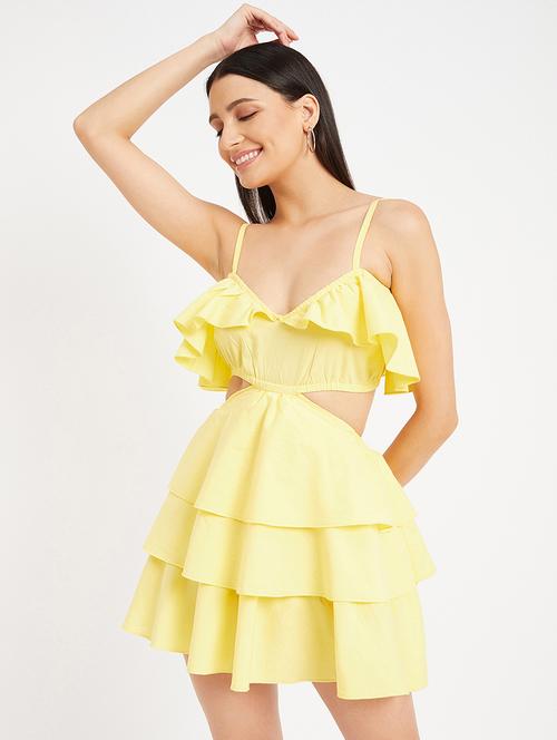 women yellow shoulder strap mini ruffle dress - 20569167 - Standard Image - 0
