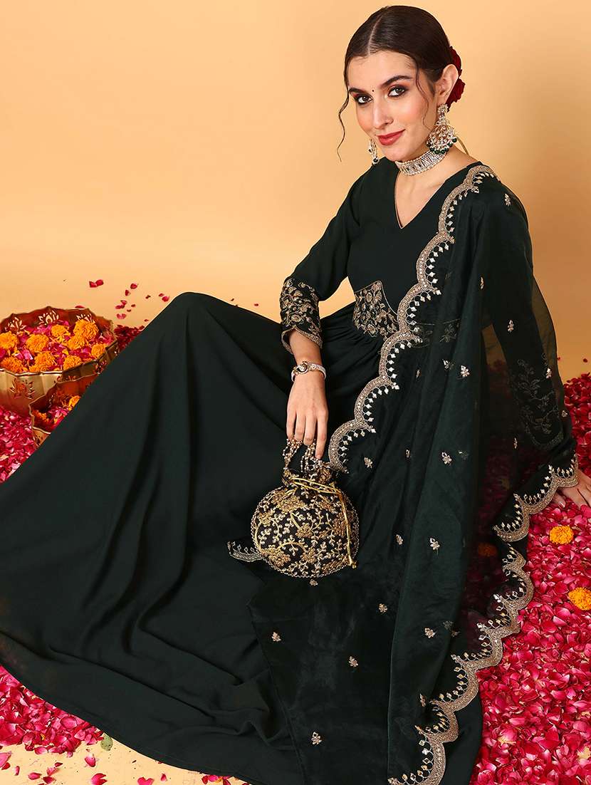 women bottle green v neck kurta dupatta set - 20569266 -  Standard Image - 2