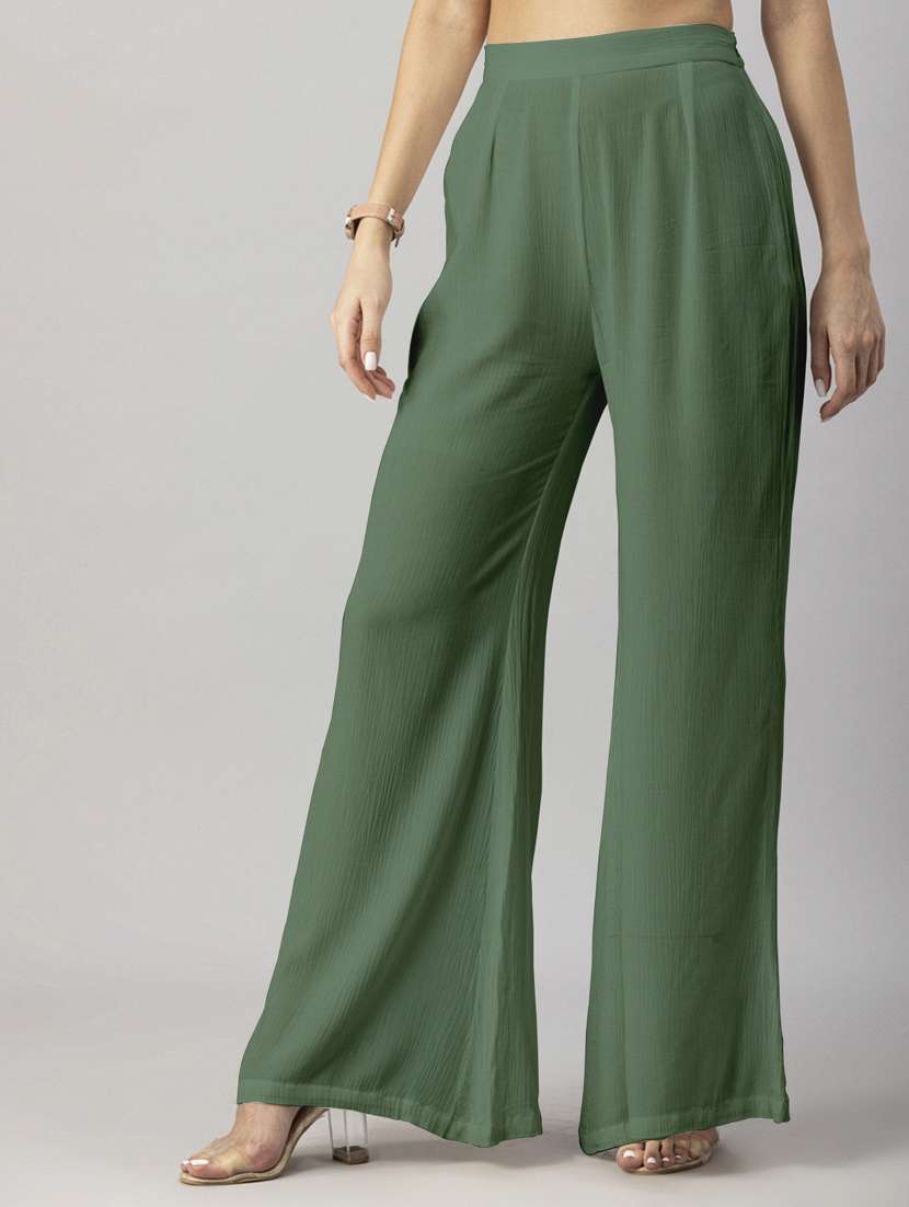 women solid green wide leg trouser