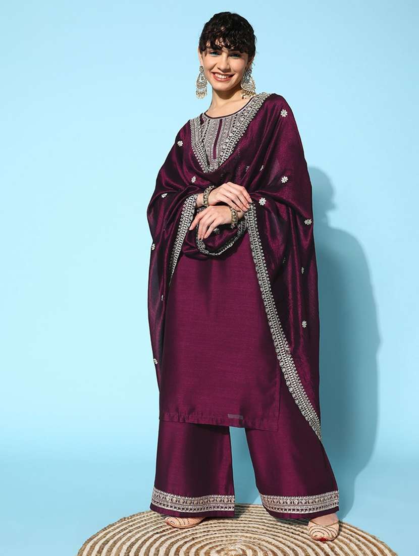 women purple round neck kurta palazzo set