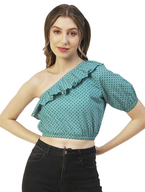 women printed one shoulder ruffle detailed crop top - 20570712 -  Standard Image - 0