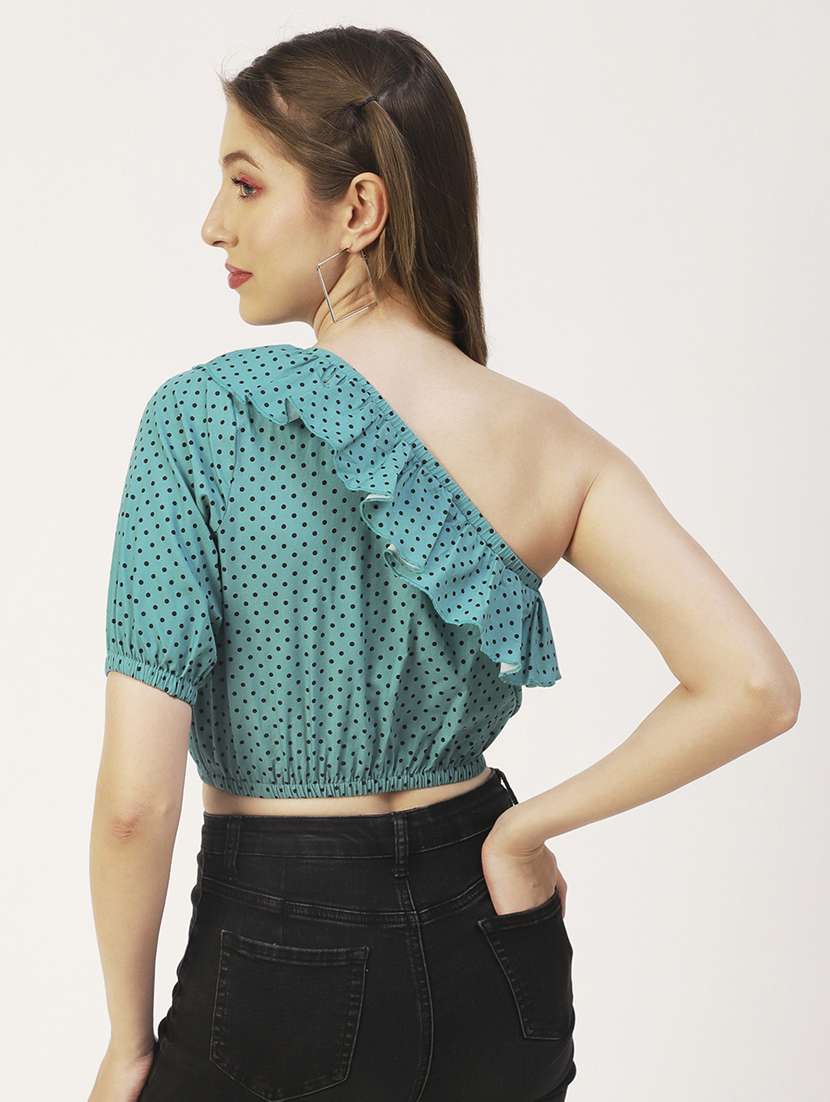 women printed one shoulder ruffle detailed crop top - 20570712 -  Standard Image - 2
