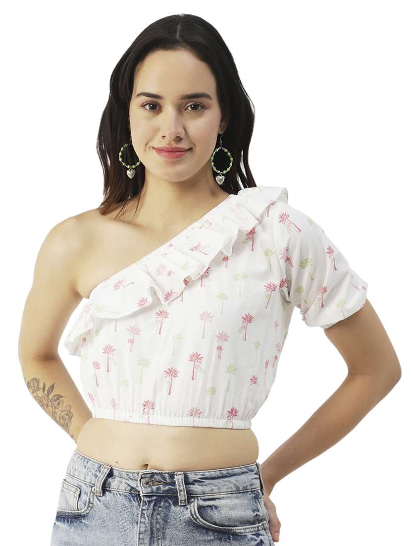 women printed one shoulder ruffle detailed crop top