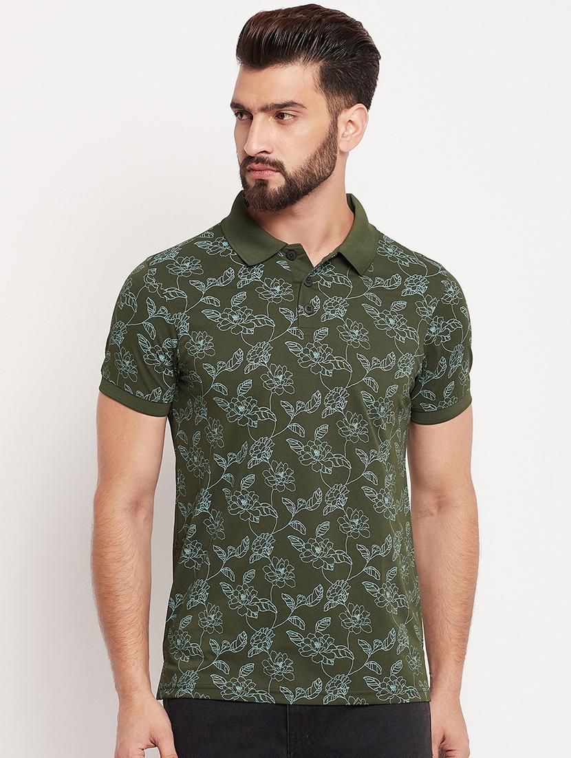 men olive green printed polo t-shirt
