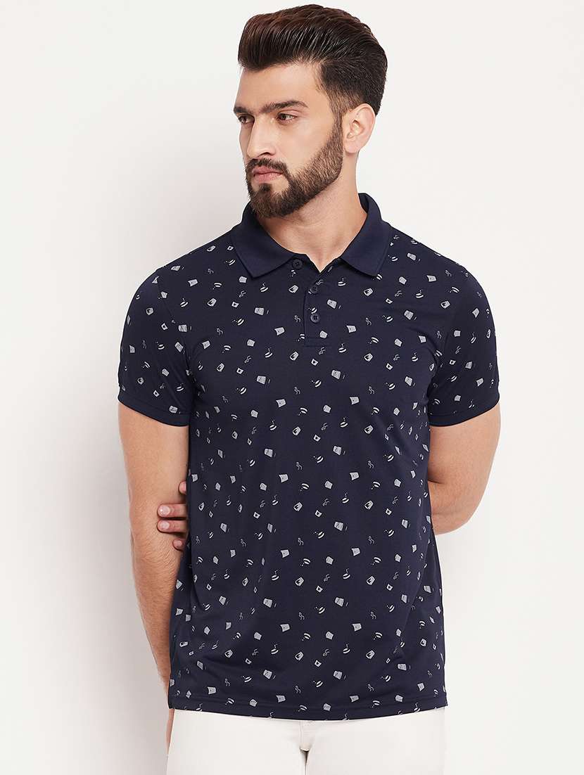 men navy blue printed polo t-shirt
