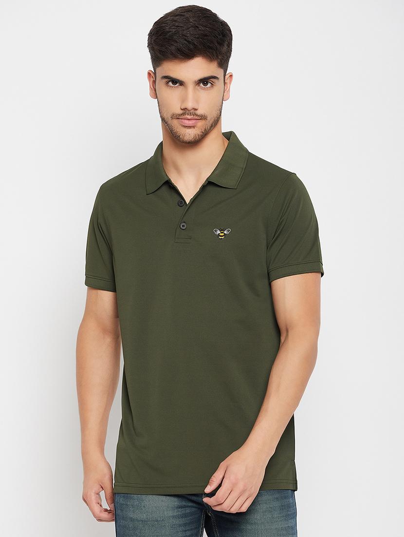 men solid olive green polo t-shirt