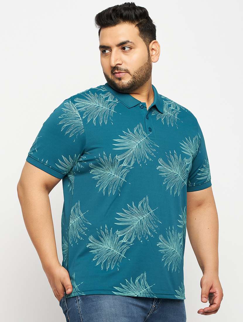 men teal green printed plus size polo t-shirt