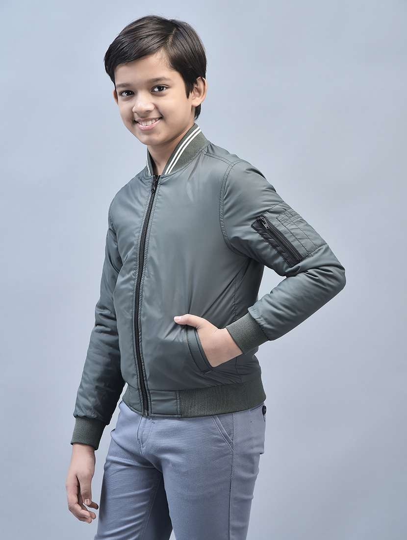 boys solid neck detailed bomber jacket - 20570916 -  Standard Image - 2