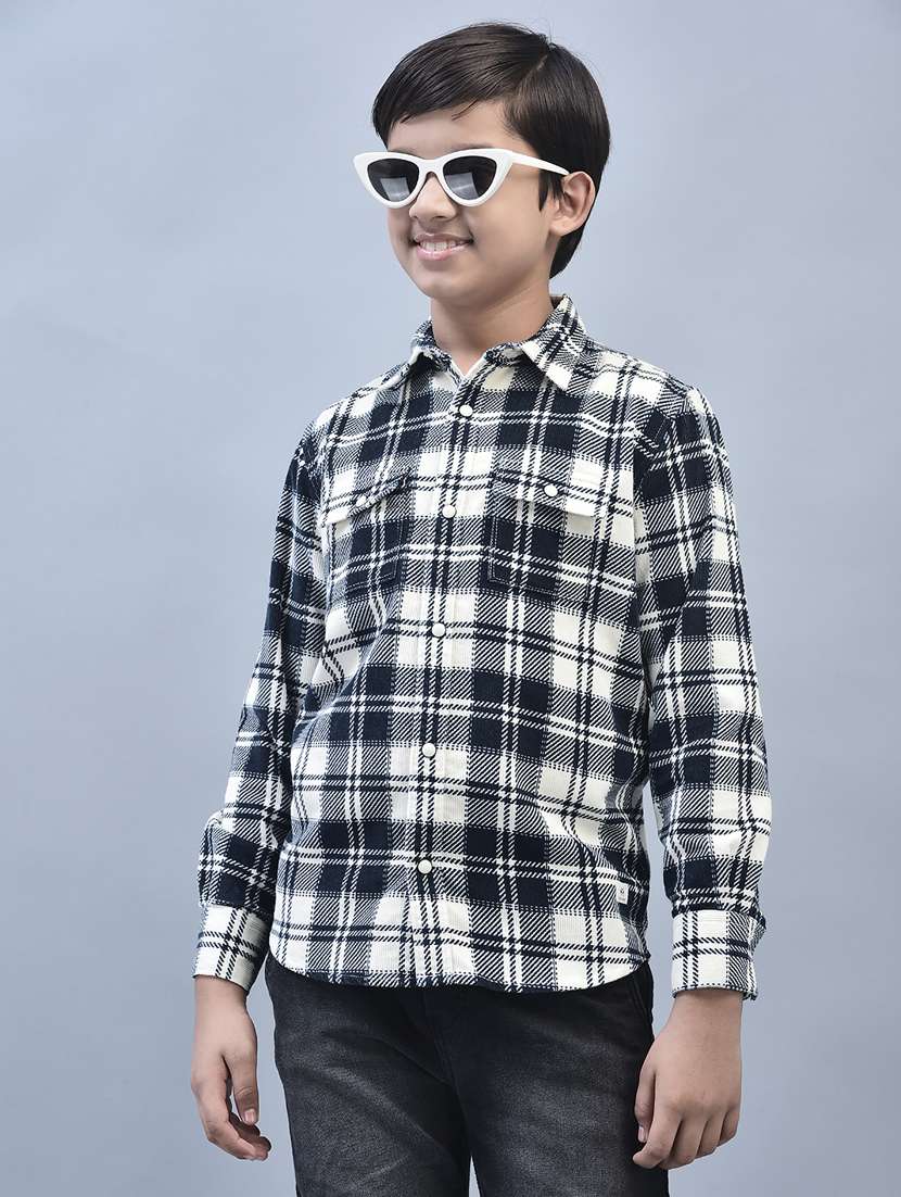 boys black & white checked pocket detailed casual shirt
