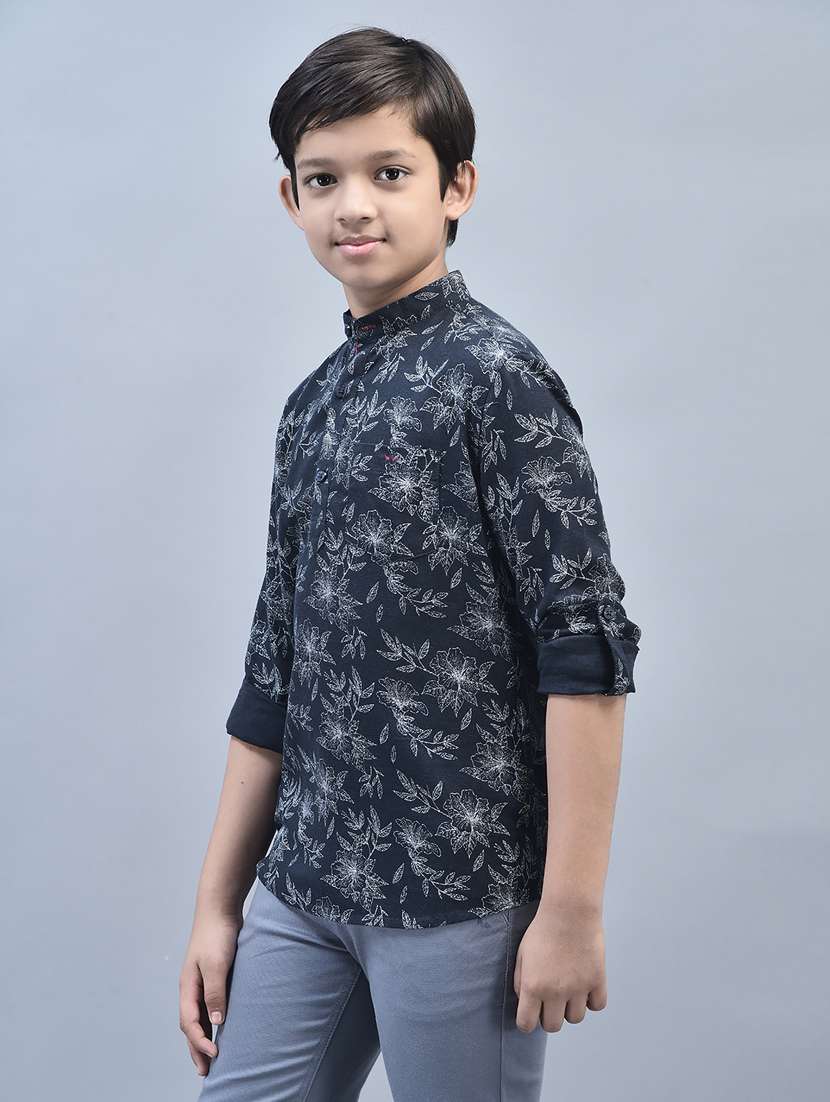 boys navy blue floral printed casual shirt