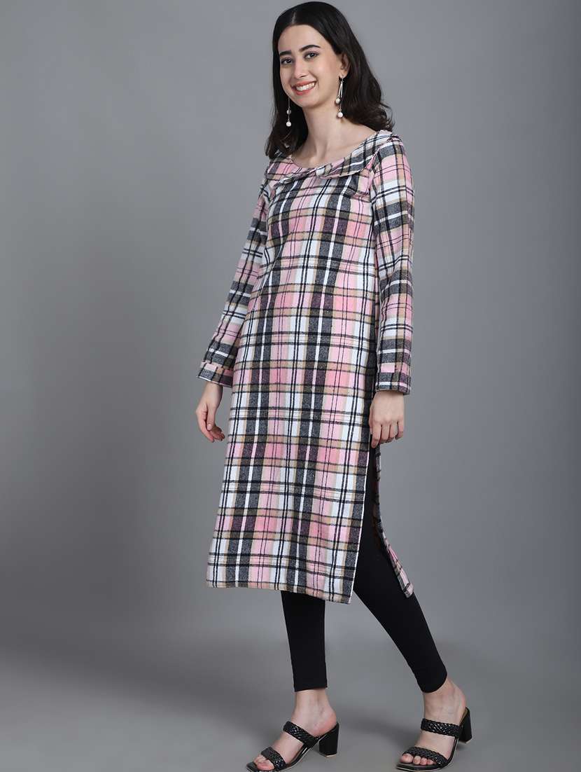 women multi color check printed full sleeve woolen kurti - 20571334 -  Standard Image - 2