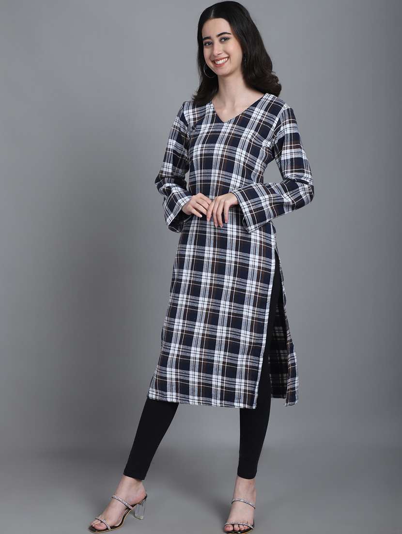 women checkered long sleeve woolen kurta - 20571338 -  Standard Image - 2