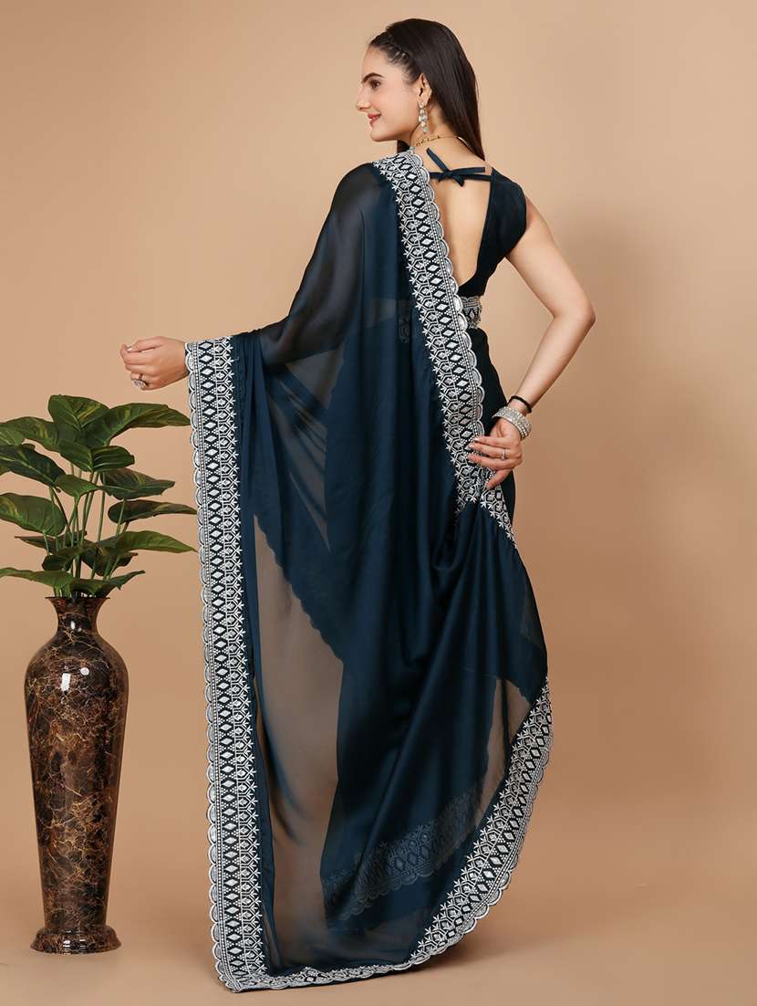 women's bordered navy blue colored saree with blouse - 20572084 -  Standard Image - 2