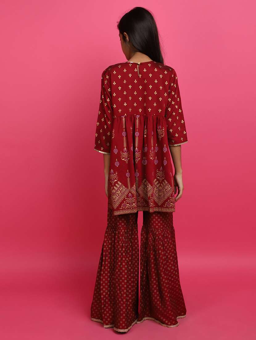 girls foil print round neck kurta and sharara set - 20572381 - Standard Image - 2