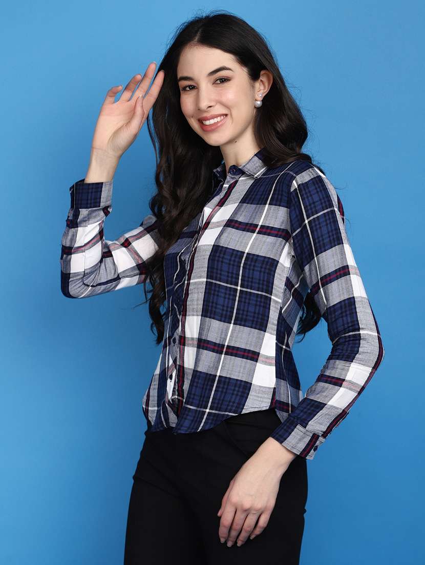 women blue checks print long sleeves shirts - 20572452 - Standard Image - 2