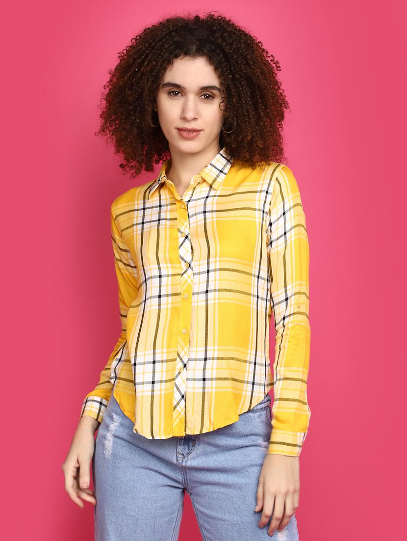 women yellow checks print long sleeves shirts - 20572455 -  Zoom Image - 0