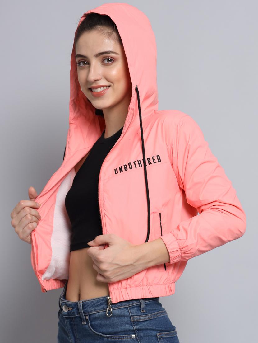 women coral pink crop hooded bomber jacket - 20572946 - Standard Image - 2