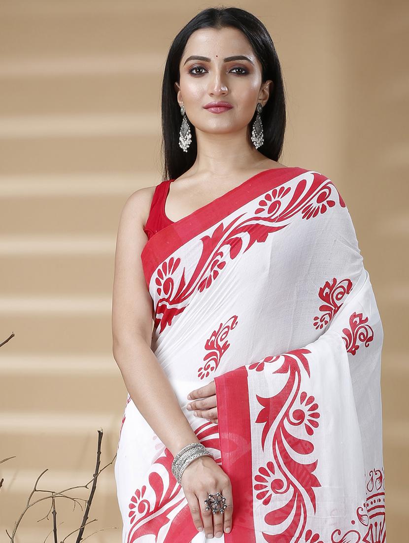 women's printed white colored saree with blouse - 20573059 - Standard Image - 2