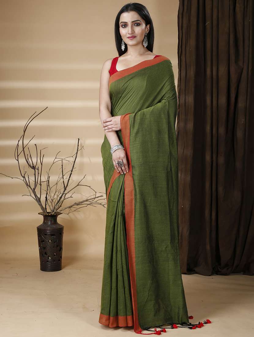 women's bordered olive colored saree with blouse - 20573086 -  Zoom Image - 0