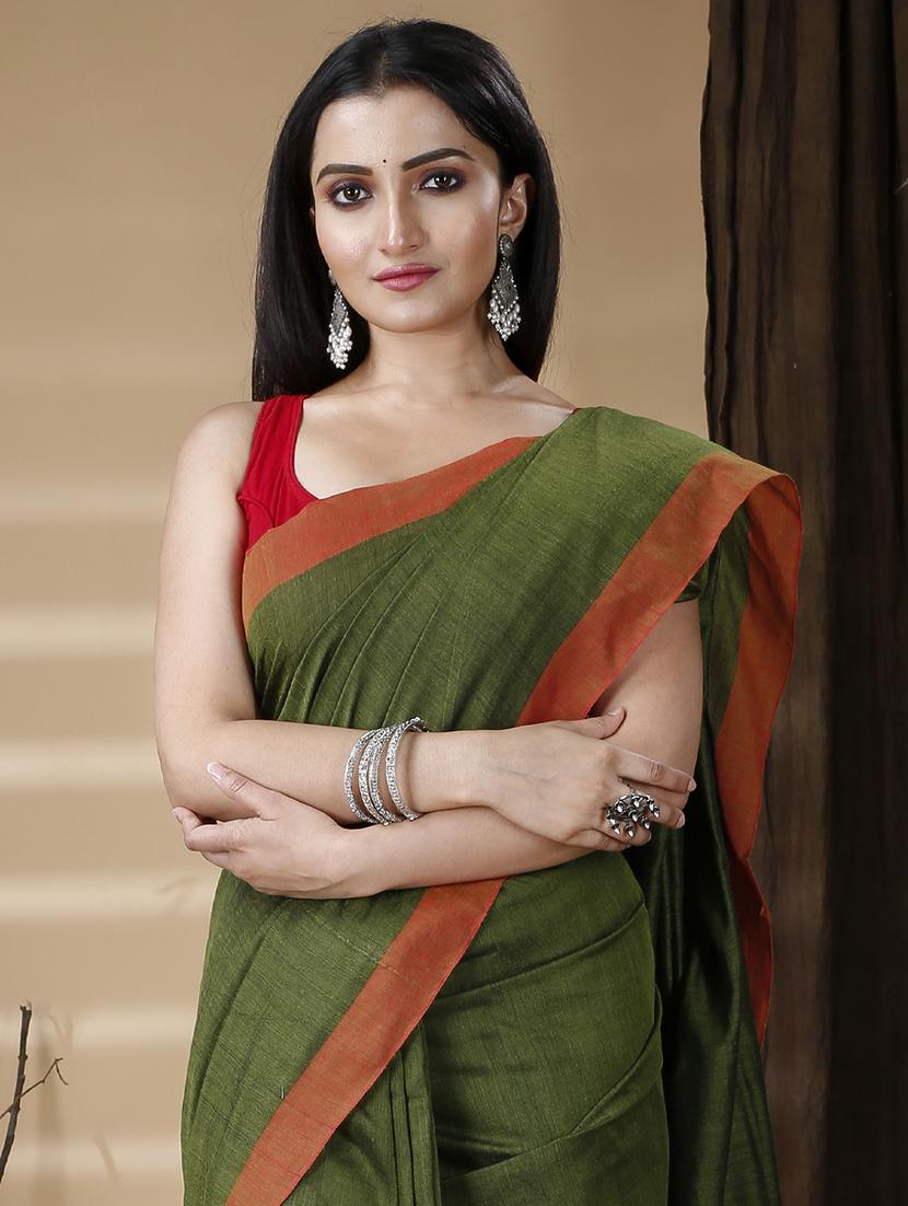 women's bordered olive colored saree with blouse - 20573086 - Standard Image - 2