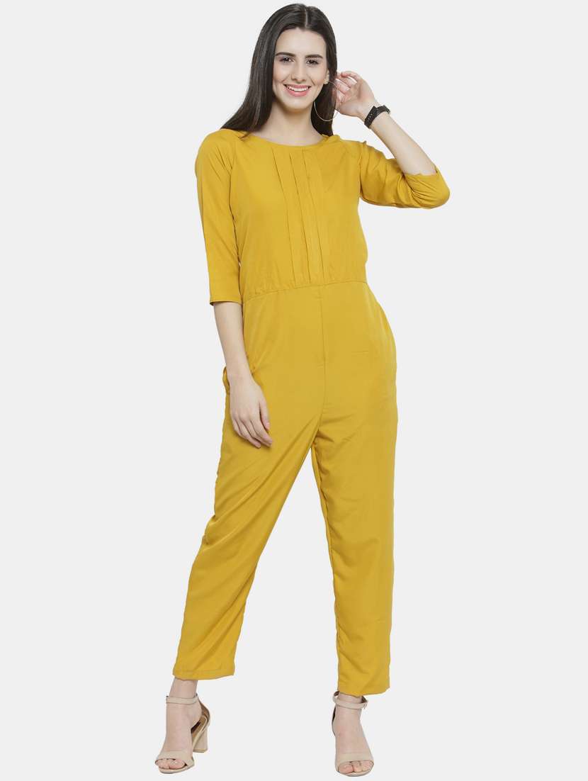 women solid yellow detailed full leg jumpsuit
