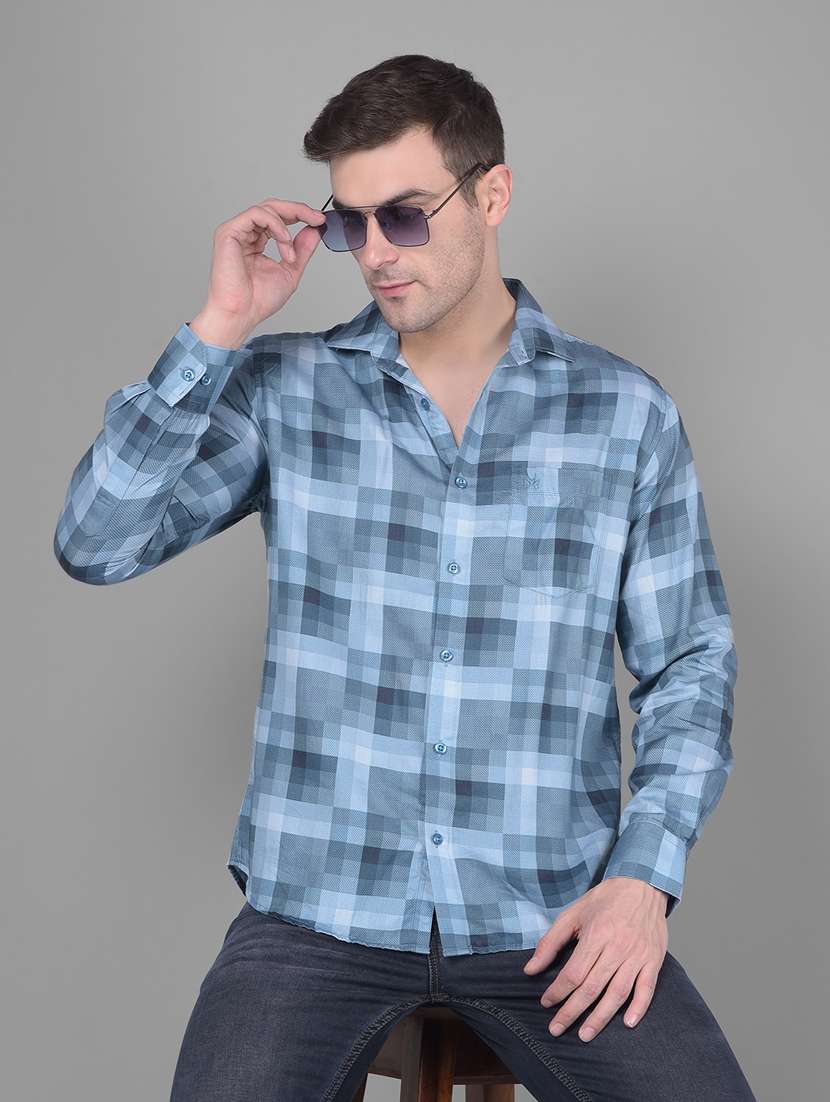 men blue checked casual shirt