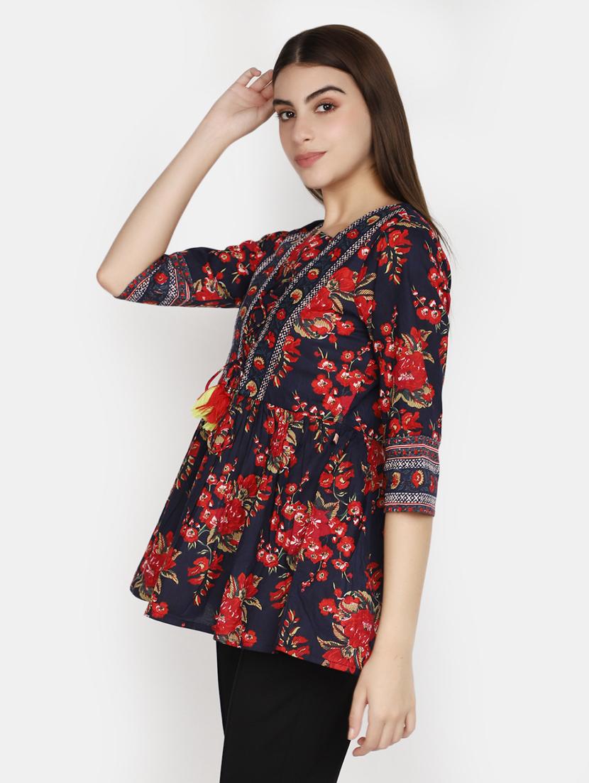 women navy blue floral printed a-line kurti - 20588404 - Standard Image - 2