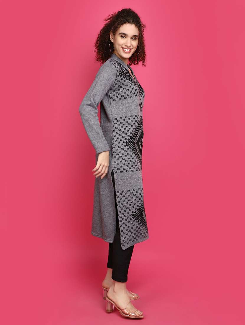 grey self design detailed woollen kurta - 20588641 - Standard Image - 2