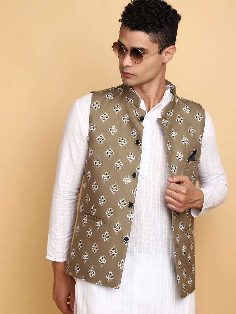 men printed nehru jacket - 20589763 -  Standard Image - 2