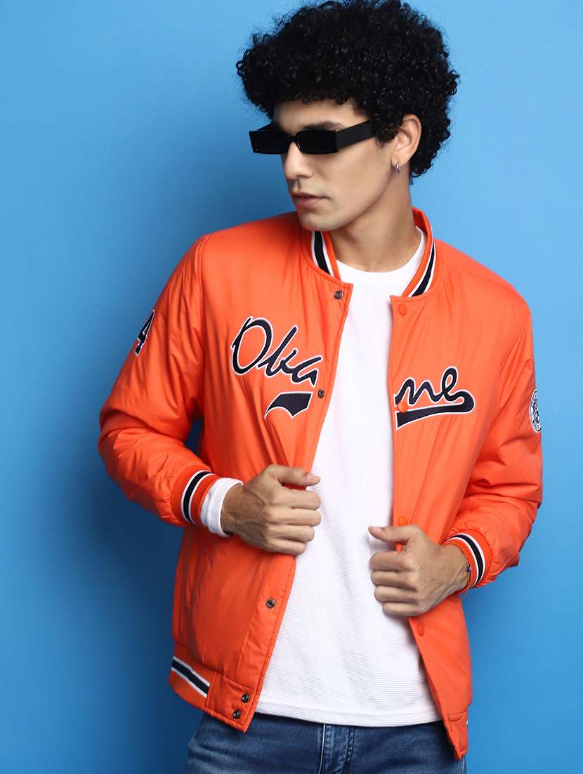 men orange henley neck casual jacket - 20589808 -  Standard Image - 2