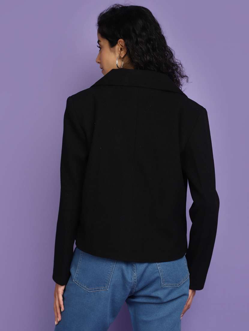 women black solid full sleeve coat - 20589886 -  Standard Image - 2