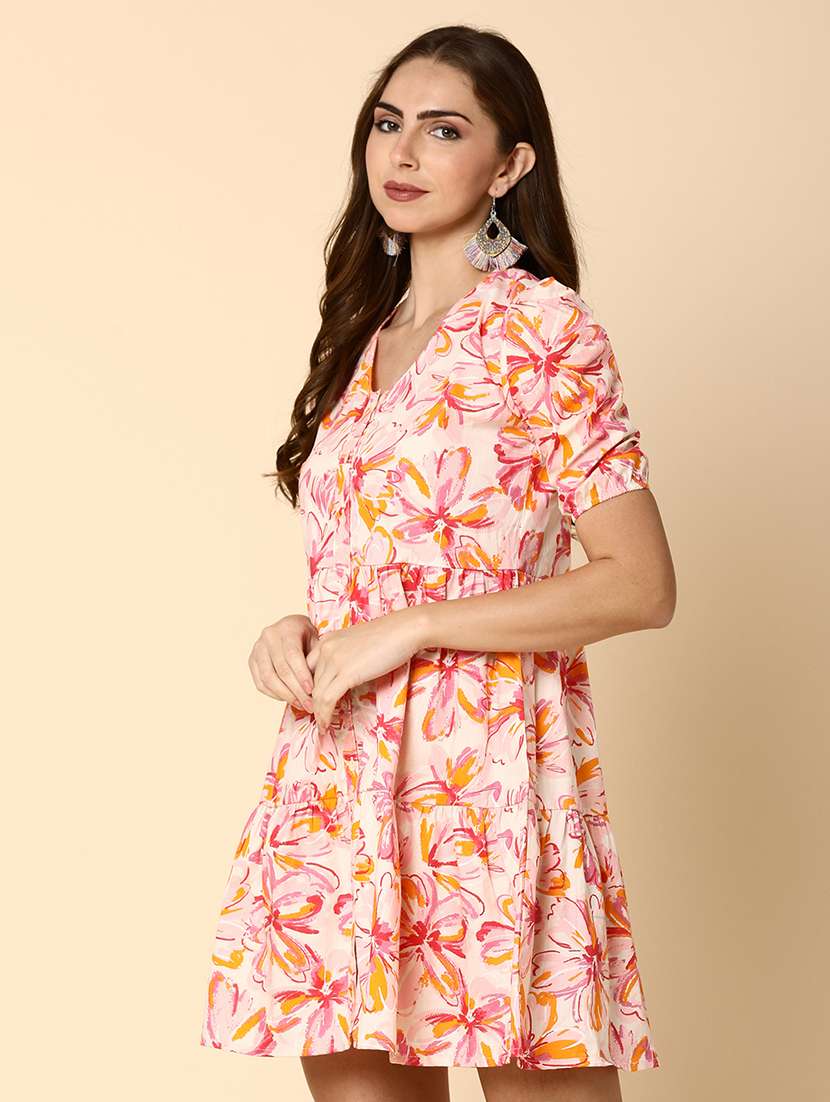 women pink floral print cotton flared dress - 20590170 -  Standard Image - 2