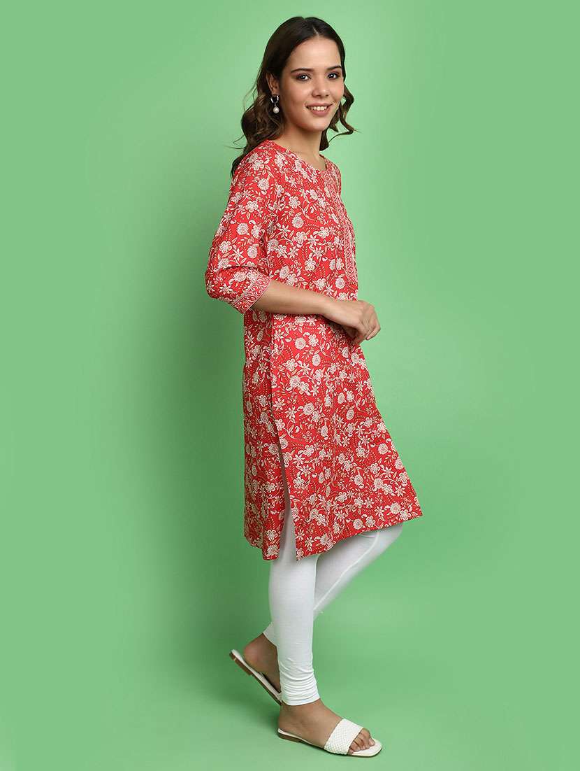 women red round neck straight kurta - 20590285 -  Standard Image - 2