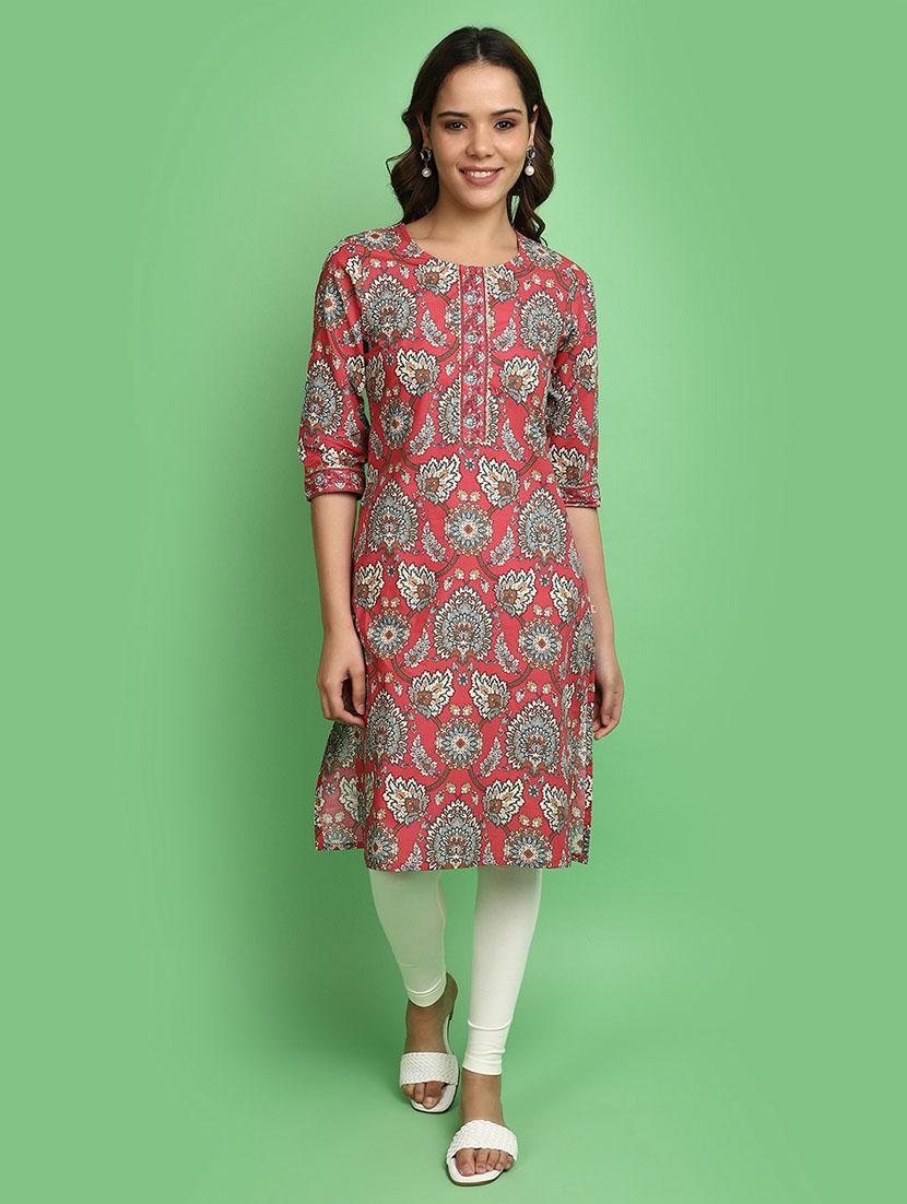 women red round neck straight kurta - 20590403 - Zoom Image - 0
