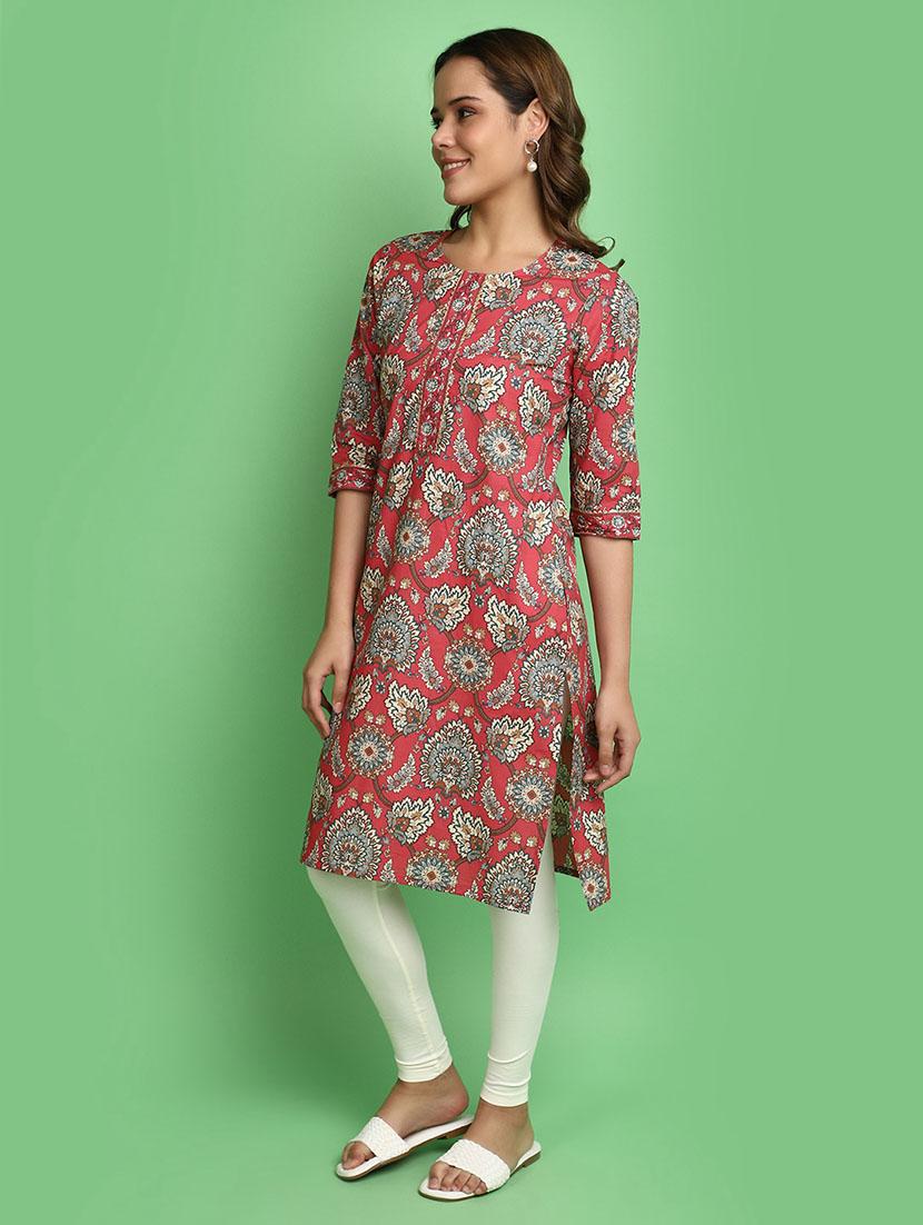 women red round neck straight kurta - 20590403 - Standard Image - 2