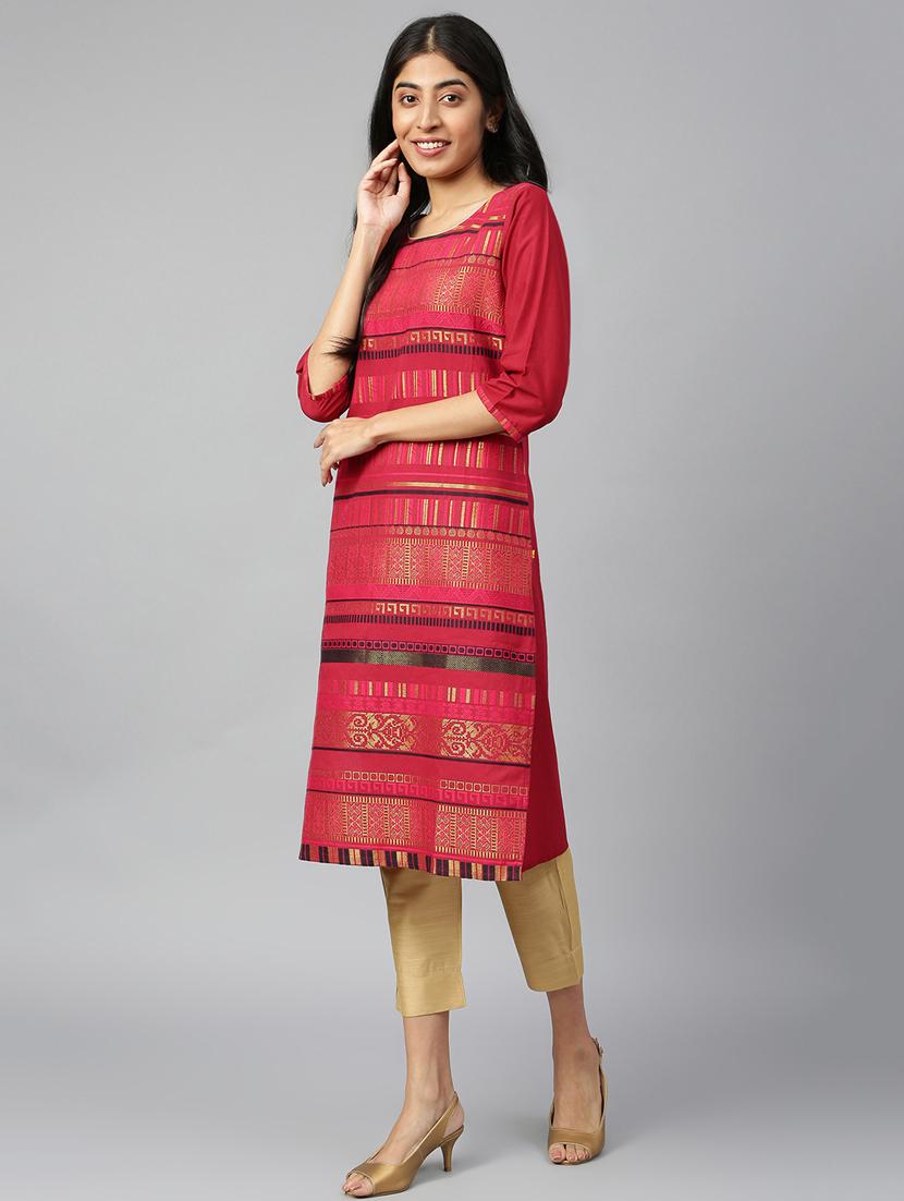 women red round neck straight kurta - 20591231 - Standard Image - 2