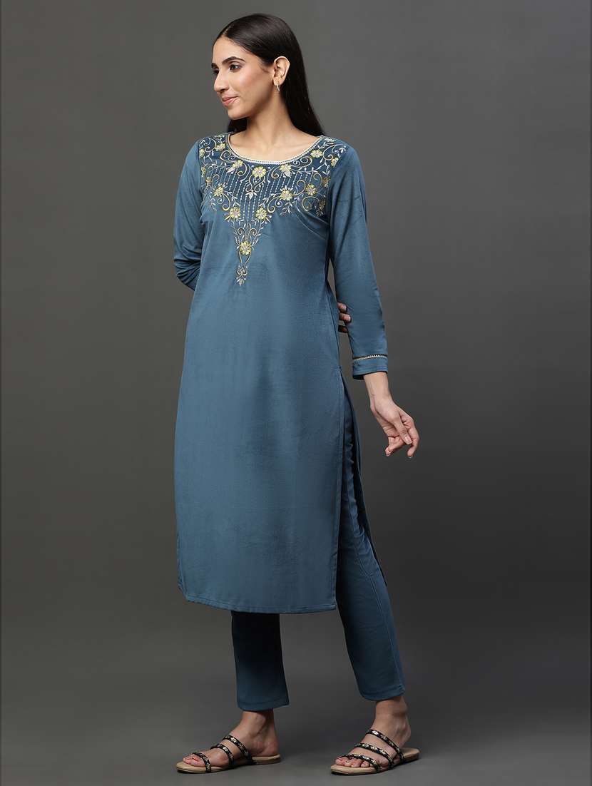 women blue round neck kurta pant set - 20592305 - Standard Image - 2