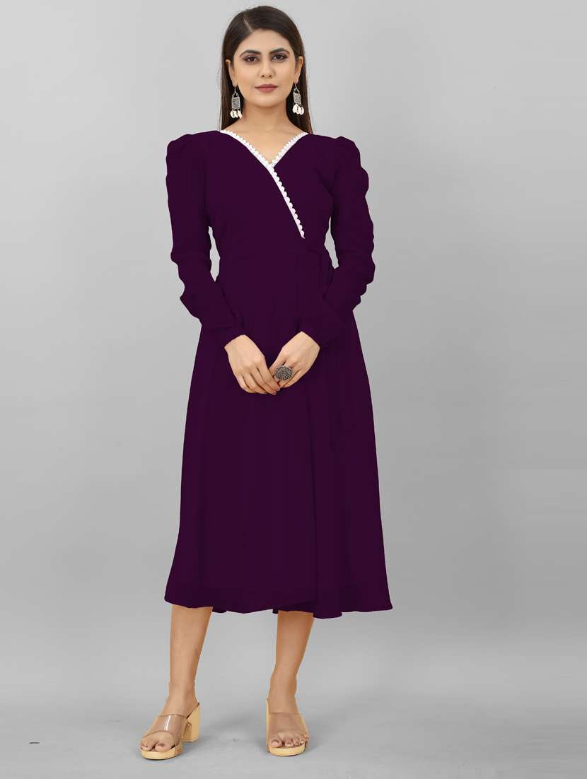 women v-neck solid a-line ethnic dress