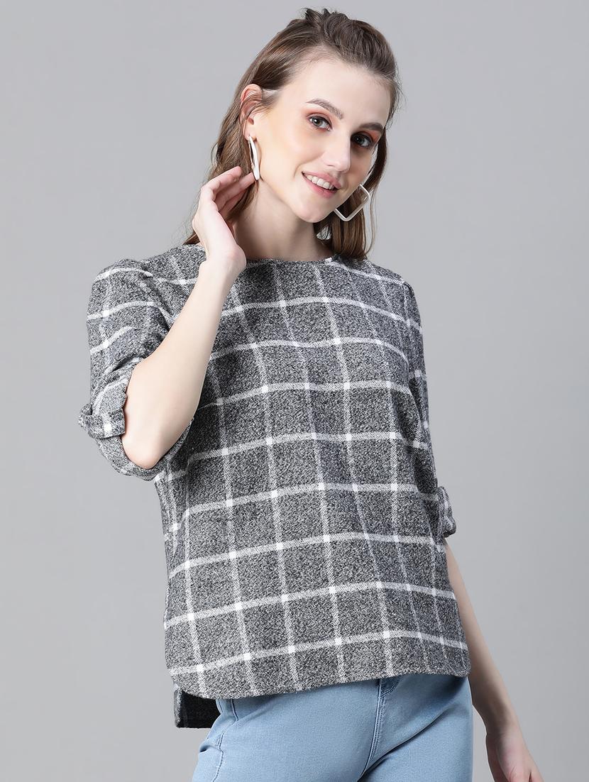 grey cotton checked printed regular top - 20592337 - Standard Image - 2