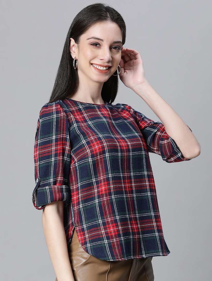 navy blue checked printed regular top - 20592339 - Standard Image - 2