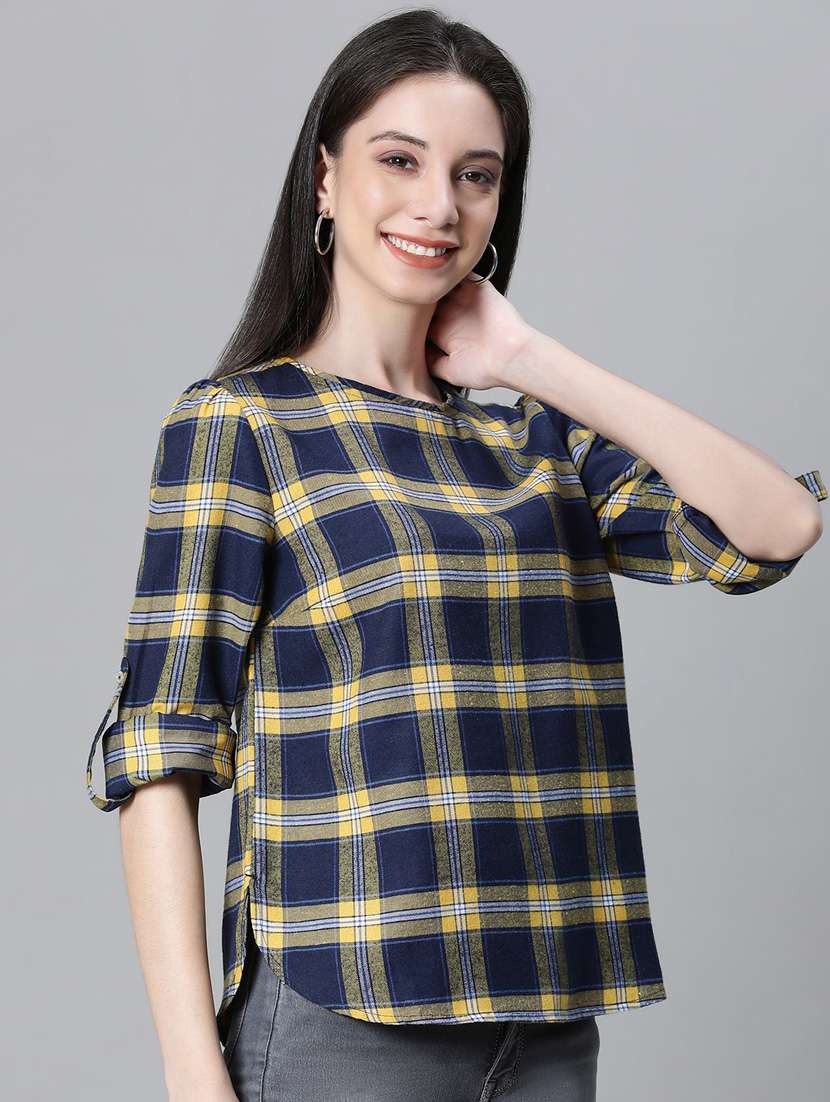 navy blue checked printed regular top - 20592342 - Standard Image - 2
