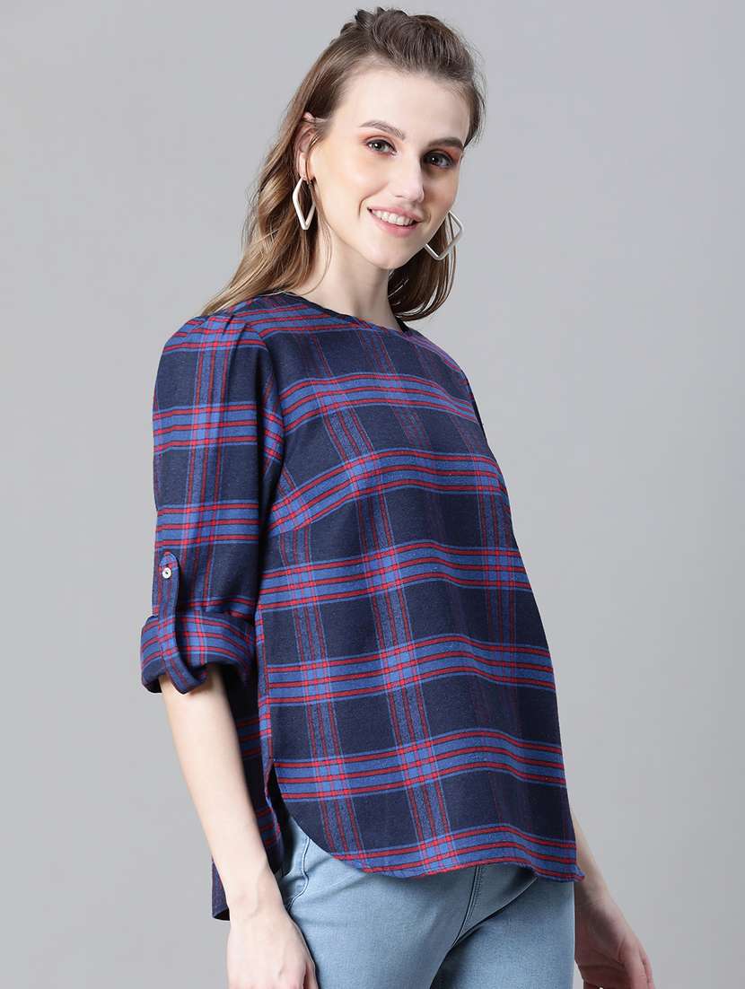 navy blue checked printed regular top - 20592344 - Standard Image - 2